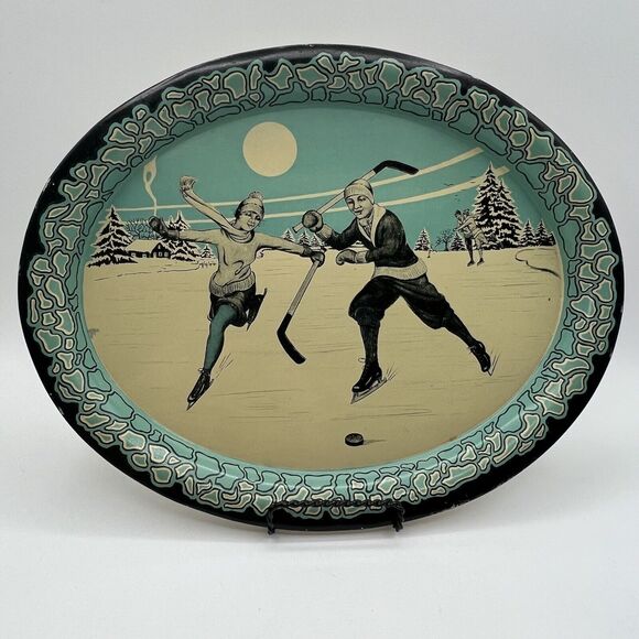 Vtg Blue White Winter Ice Skating Serving Tray 13" Christmas Hockey Snow Scene - Picture 1 of 6